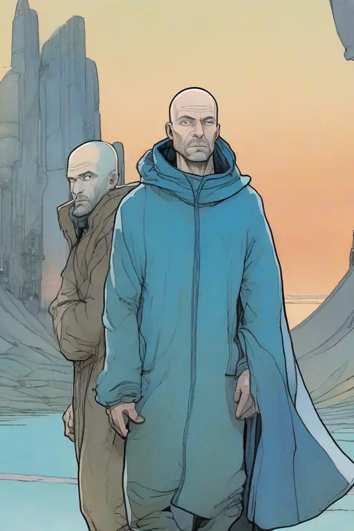Characters: Ruslan Ayupov, male, 45, tall, fair-skinned, bald, slight blue under his eyes, blue eyes, slightly hooded brows. Misha, male, 20, wearing glasses, slim build, casual outdoor clothes. Action: Ruslan points towards strange twisted branches while Misha looks puzzled at a giant melting clock sculpture. They both look a bit tired but also intrigued. Setting: A surreal forest clearing with vibrant green foliage and tall trees. In the center, a large, melting clock made of stone or similar material is draped over a rock, surrounded by branches twisted into the shape of Dali's mustache. The light is dappled, suggesting dense canopy.