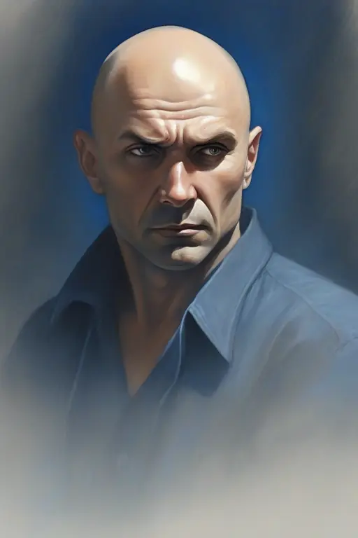 Characters: Ruslan Ayupov, male, 45 years old, tall, fair-skinned, bald, slight dark circles under his eyes, blue eyes, slightly overhanging eyebrows, wearing a dark blue shirt. Action: Ruslan sitting in a dimly lit, smoky room, looking distressed and conflicted, holding his head in his hands. Setting: A cluttered room with a bottle of cognac on a table, with a view of the illuminated city of Tbilisi through the window.
