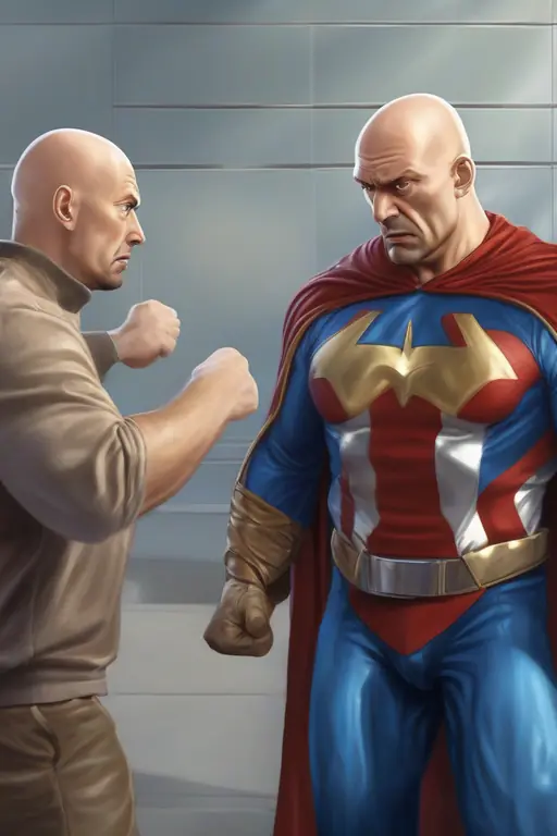 Characters: Ruslan Ayupov, man, 45 years old, tall, light-skinned, bald, with slight bags under his eyes, blue eyes, slightly overhanging eyebrows. Action: Ruslan is arguing with two old women. They are gesturing emphatically. Ruslan is looking annoyed. Setting: A cluttered kitchen in a country house. Old magazines are scattered on the table.