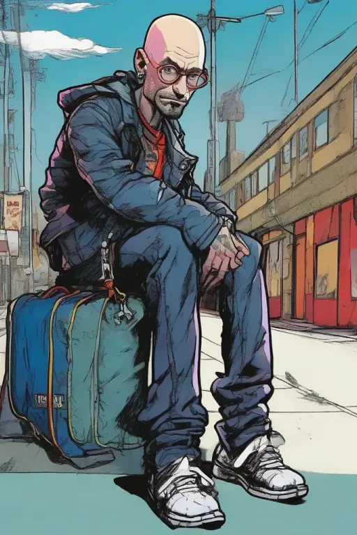 Characters: Ruslan Ayupov, male, age 45, tall, light-skinned, bald, with slight bags under his blue eyes and slightly overhanging eyebrows. Old man Egor, male, age 80, frail, wrinkled face. Action: Ruslan is leaning over old man Egor in his bed, looking concerned. Egor is weak and coughing. Setting: Inside Egor's old, cluttered bedroom, dimly lit.