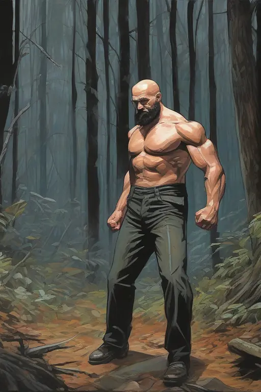 Characters: Ruslan, a 45-year-old, light-skinned, muscular, bald man with a short beard, wearing a dark jacket and pants. Action: Ruslan is standing in a dark forest clearing, looking shocked and confused. He's staring at a large, smoking black rock in the center of the clearing. A beam of light is emitting from the rock. Emotion: Shocked and confused. Setting: A dark, overgrown forest clearing at night. The ground is uneven and covered with roots. The sky is dark, but illuminated by the light from the rock.