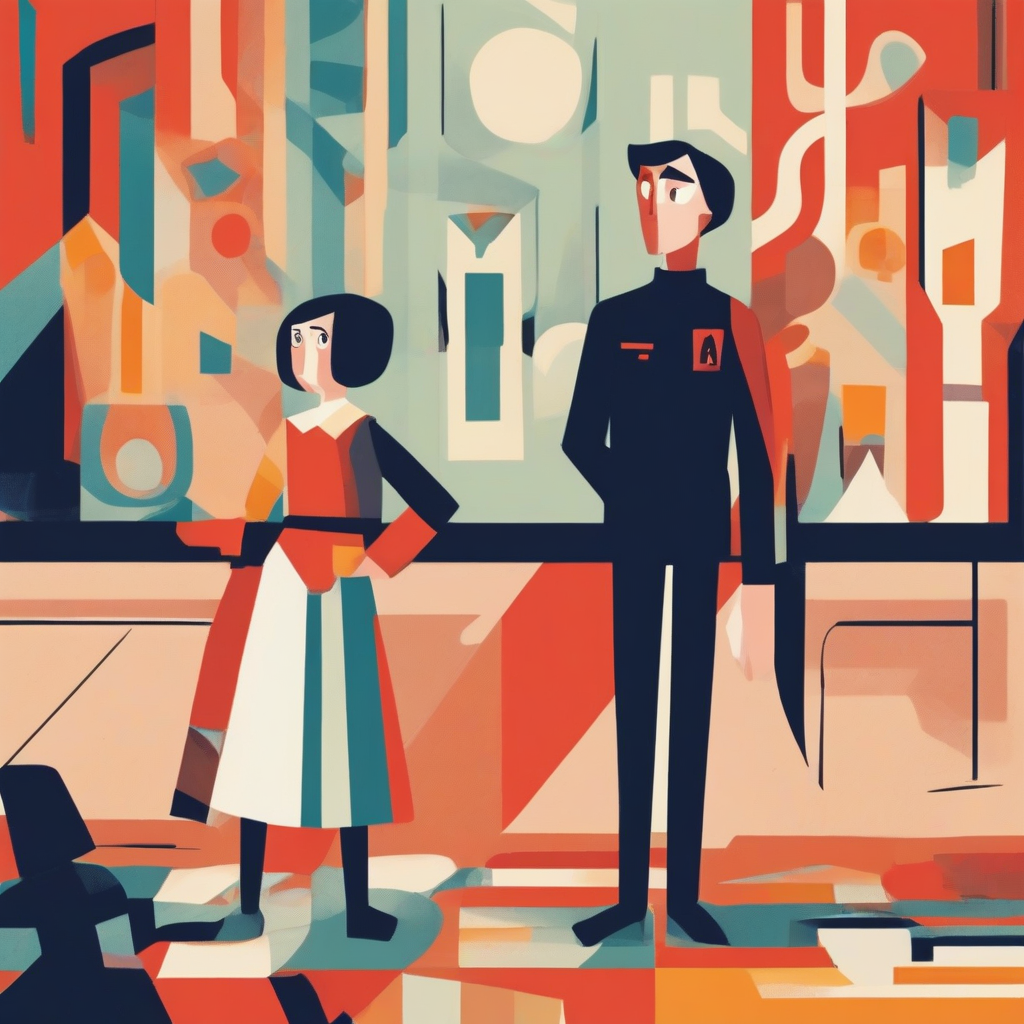 Characters: Lyova Ayupov, male, age 11, with fair hair and an open face, dressed in an academy uniform, looking cheerful. Action: Lyova is being scolded by Professor Irina, expressing concern. Setting: The scene takes place in the "Glasses Academy," inside a bright classroom. Lyova stands in front of the professor's desk, with Sanya standing behind him.