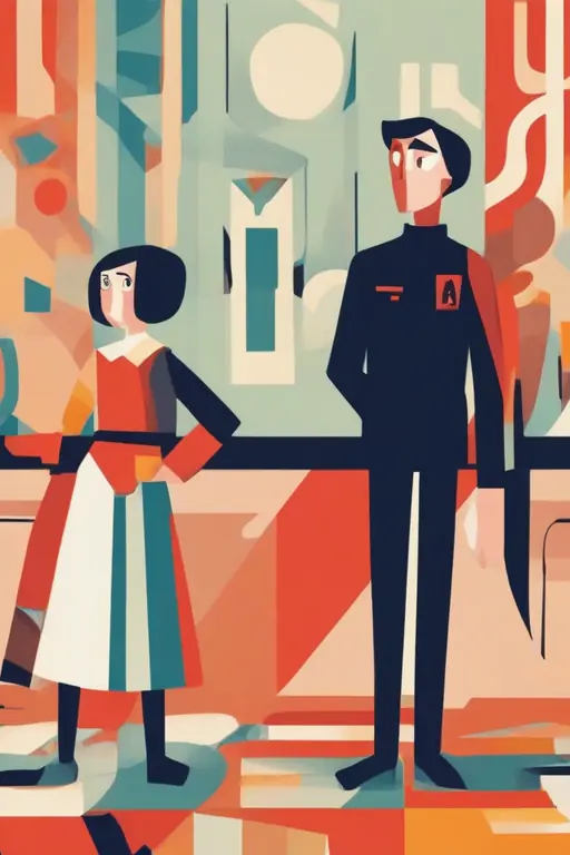 Characters: Lyova Ayupov, male, age 11, with fair hair and an open face, dressed in an academy uniform, looking cheerful. Action: Lyova is being scolded by Professor Irina, expressing concern. Setting: The scene takes place in the "Glasses Academy," inside a bright classroom. Lyova stands in front of the professor's desk, with Sanya standing behind him.