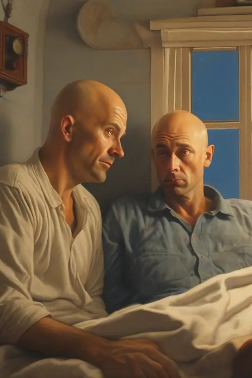 Characters: Ruslan Ayupov, male, 45 years old, tall, light skin, bald, slight dark circles under his eyes, blue eyes, slightly overhanging eyebrows. Action: Ruslan is waking up in a capsule looking confused, while a hooded figure points a blaster at him. The figure offers a device. Emotions: Ruslan is scared, the figure is menacing. Setting: Inside a futuristic capsule with dim green lighting and metallic walls.