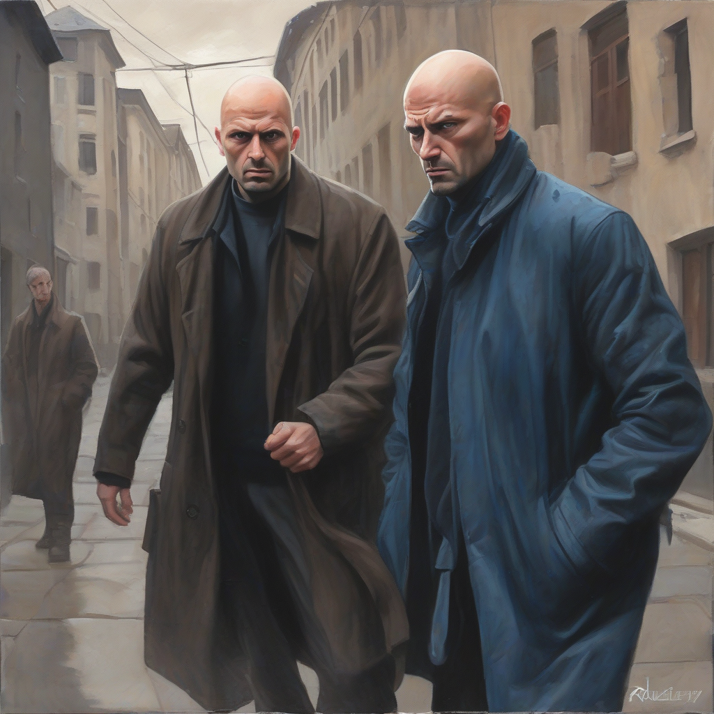 Characters: Ruslan Ayupov, male, age 45, tall, fair-skinned, bald with slight bags under his blue eyes, wearing a dark jacket. Intruder, male, unknown age, disheveled, scared, holding a knife. Action: Ruslan standing over the unconscious intruder in a dimly lit shed, looking thoughtful. Setting: Dark, cluttered shed with an old car (Moskvich) in the background, lit by a single dim light bulb.